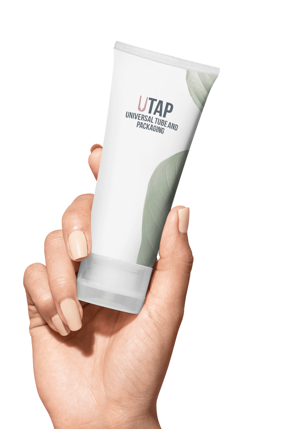 Hand holding a green UTAP laminate tube.